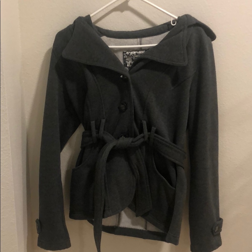 Grey fleece lined/hooded pea coat! Mid length